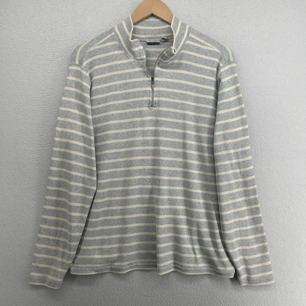 LL BEAN Sweater Womens XL French Sailor Striped Mock 1/4 Zip Ribbed Cotton Gray